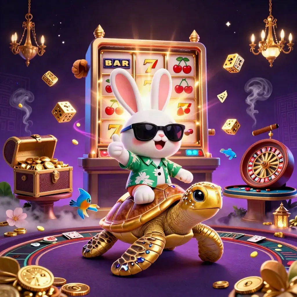 Lucky rabbit rides a golden turtle as slot symbols, dice, and casino lights burst around them.