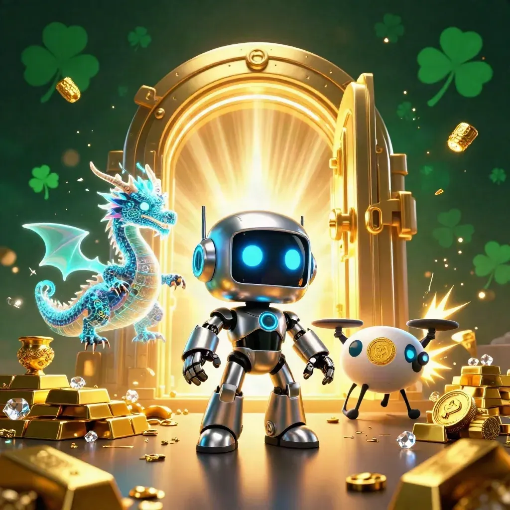 Robot, holographic dragon, and coin drone burst through a gold vault amid gems and emerald light.
