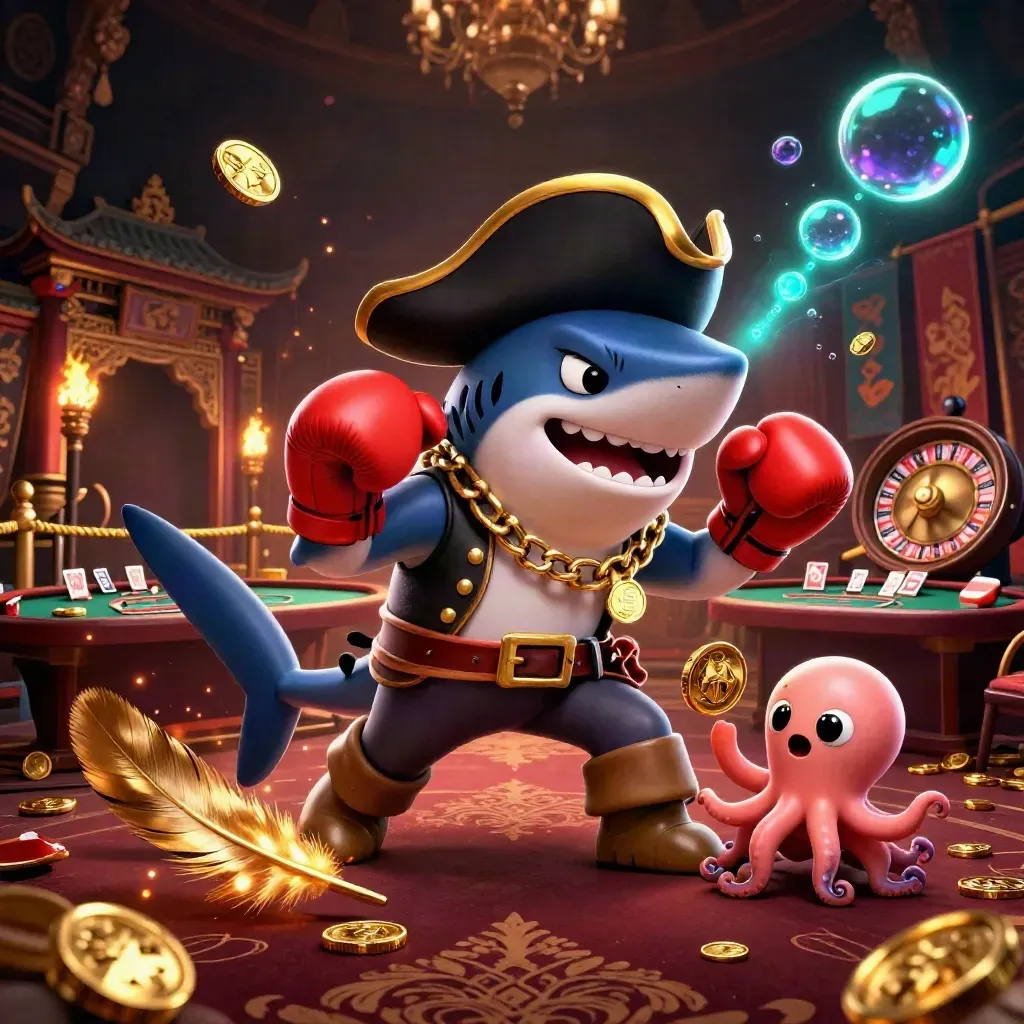 Pirate shark, boxing pufferfish, and coin-juggling octopus in a glowing casino fantasy scene.