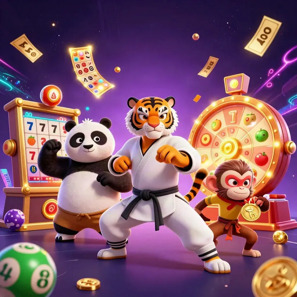 Kung-fu tiger, panda, and monkey amid neon casino bursts, lottery balls, prize wheel, gold cards.