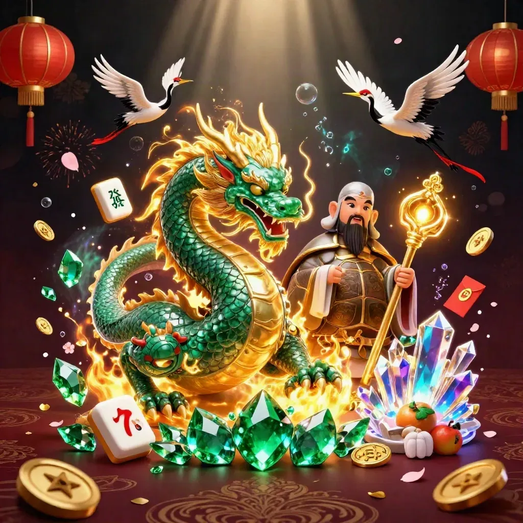 Emerald dragon, turtle sage, and cranes amid casino gold, coins, lanterns, and fire