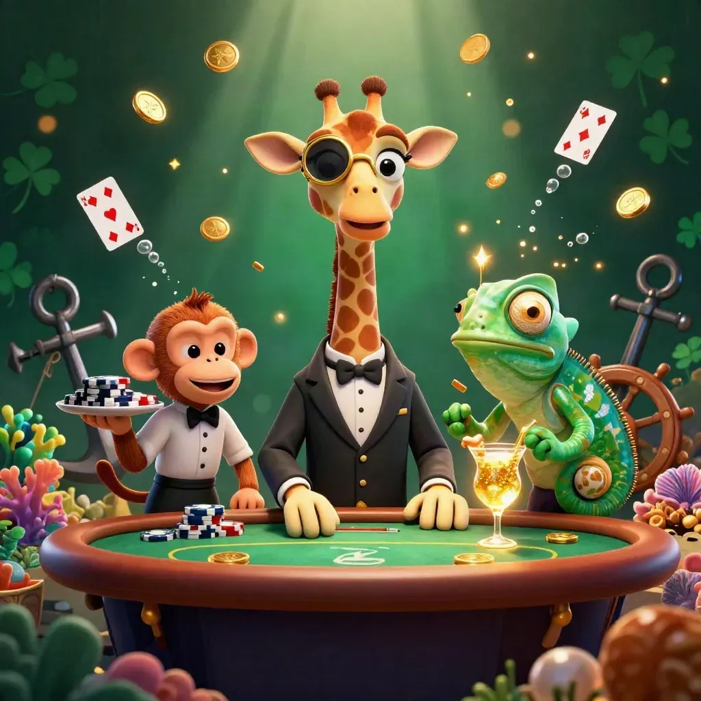 Three casino animals in a sunken treasure cove with gold coins, coral, and glowing luxury.