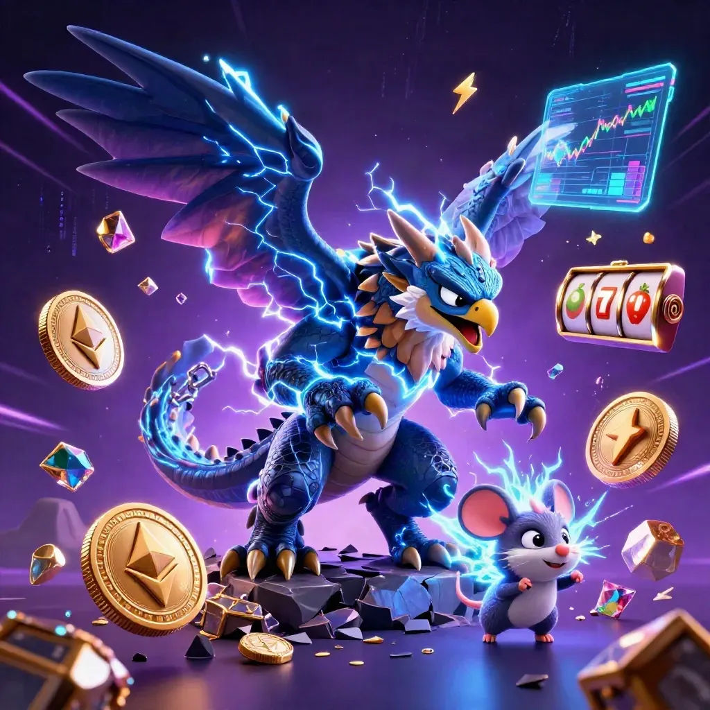 Thunder dragon, wind hawk, and static mouse burst through casino gems and glowing crypto coins.