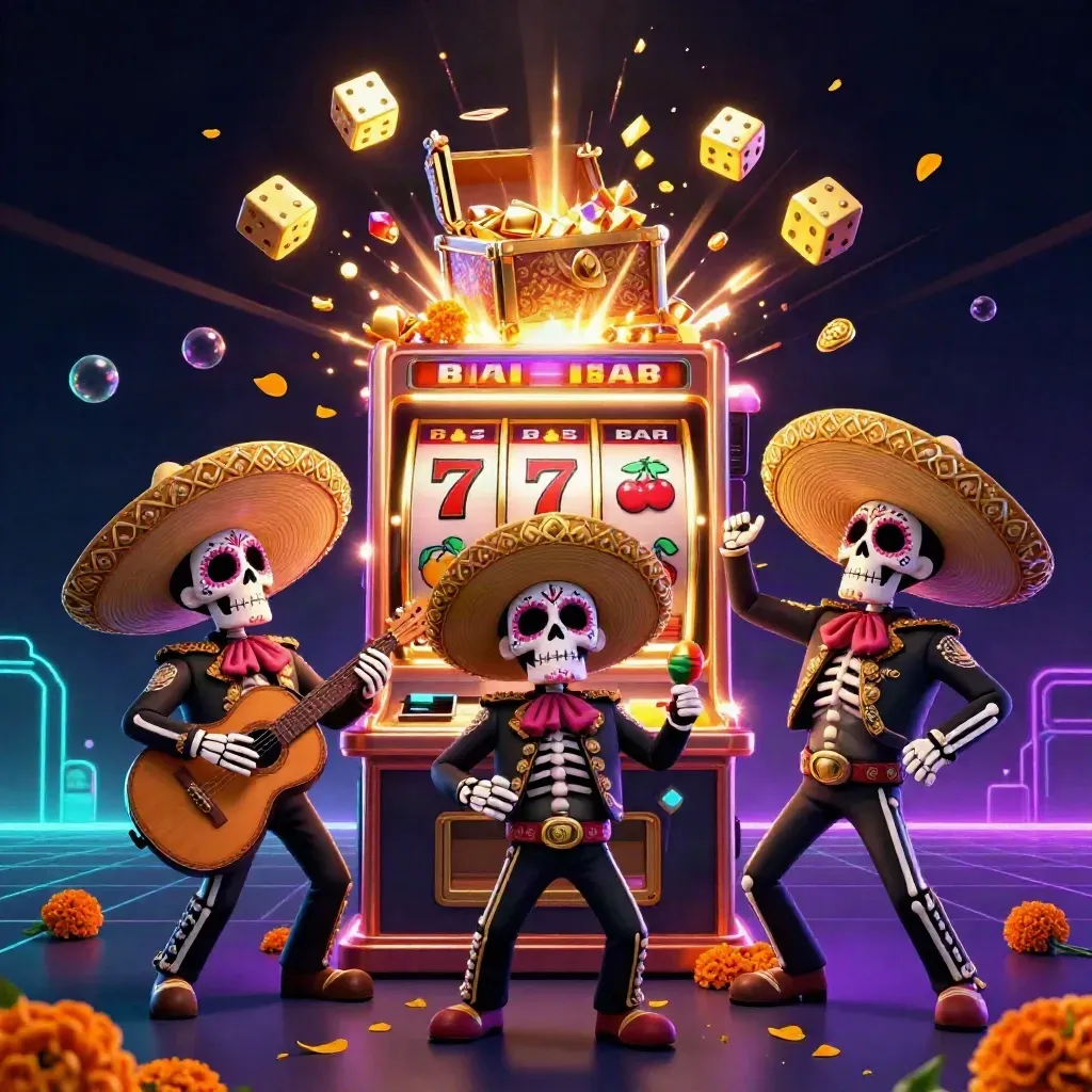 Day-of-the-Dead skeleton mariachi trio amid exploding slot machine, gold, gems, neon casino glow