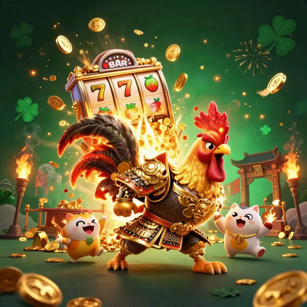 Rooster samurai, spark-breathing dragon hatchling and fortune cat amid casino treasure fireworks.