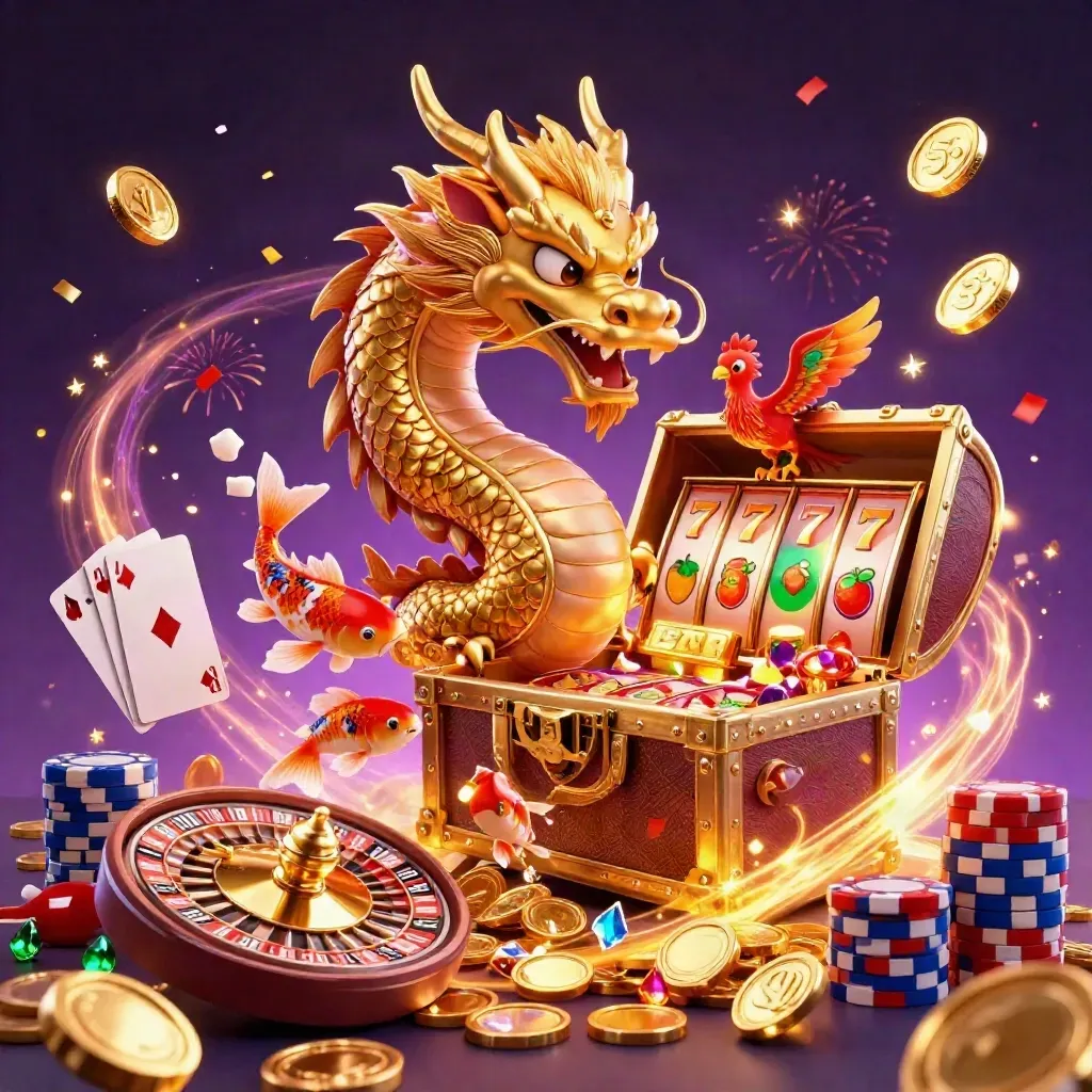 Golden dragon, phoenix, koi, coins, chips, reels, roulette and fireworks explode in a casino treasure burst.