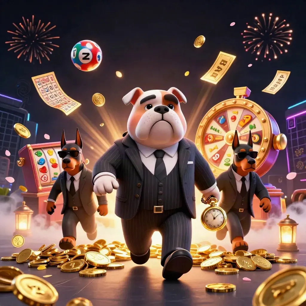 Mafia bulldog and Doberman guards amid coin bursts, prize wheel, reels, petals, and neon casino glow.
