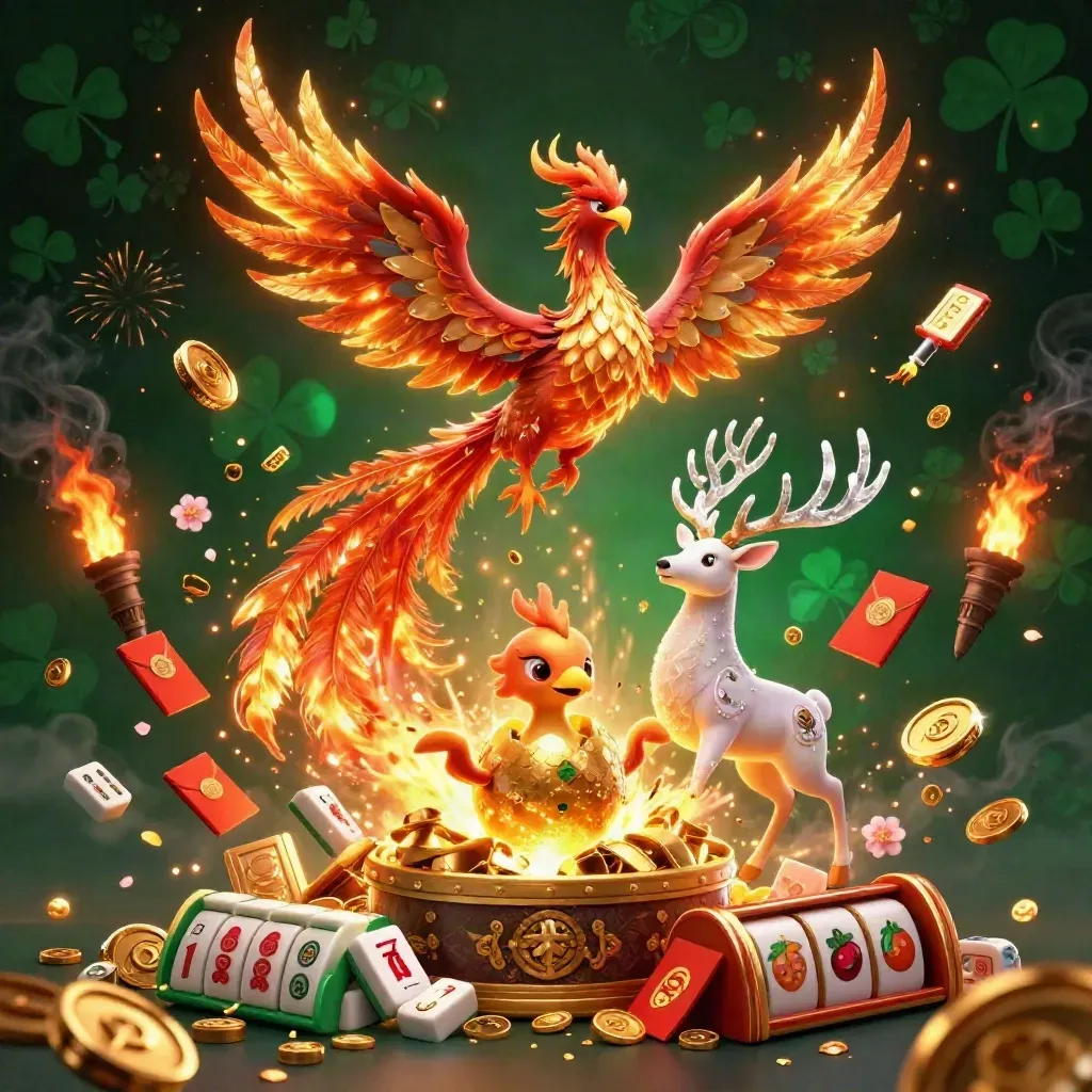 Fire phoenix, baby phoenix, and crystal stag amid coins, lanterns, fireworks, and slot symbols