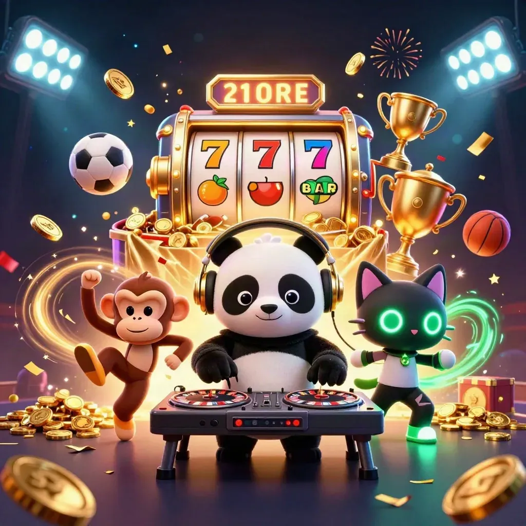 DJ panda, breakdancing monkey, and glow-stick kitten amid coins, reels, fireworks, and sports balls