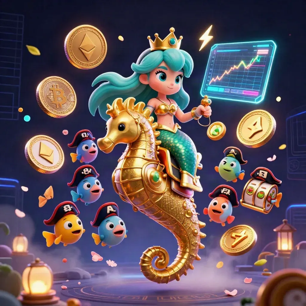 Mermaid princess rides an armored seahorse amid pirate fish, coins, reels, and neon casino effects.