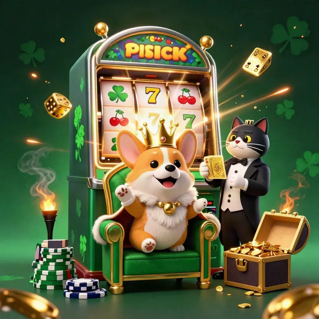 Royal corgi and cat butler amid slot reels, jackpots, coins, and gold in a dark casino scene.