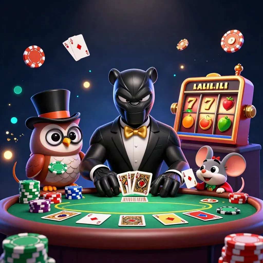 Panther, owl, and mouse deal cards amid chips, reels, and gold sparkles on a dark casino backdrop.