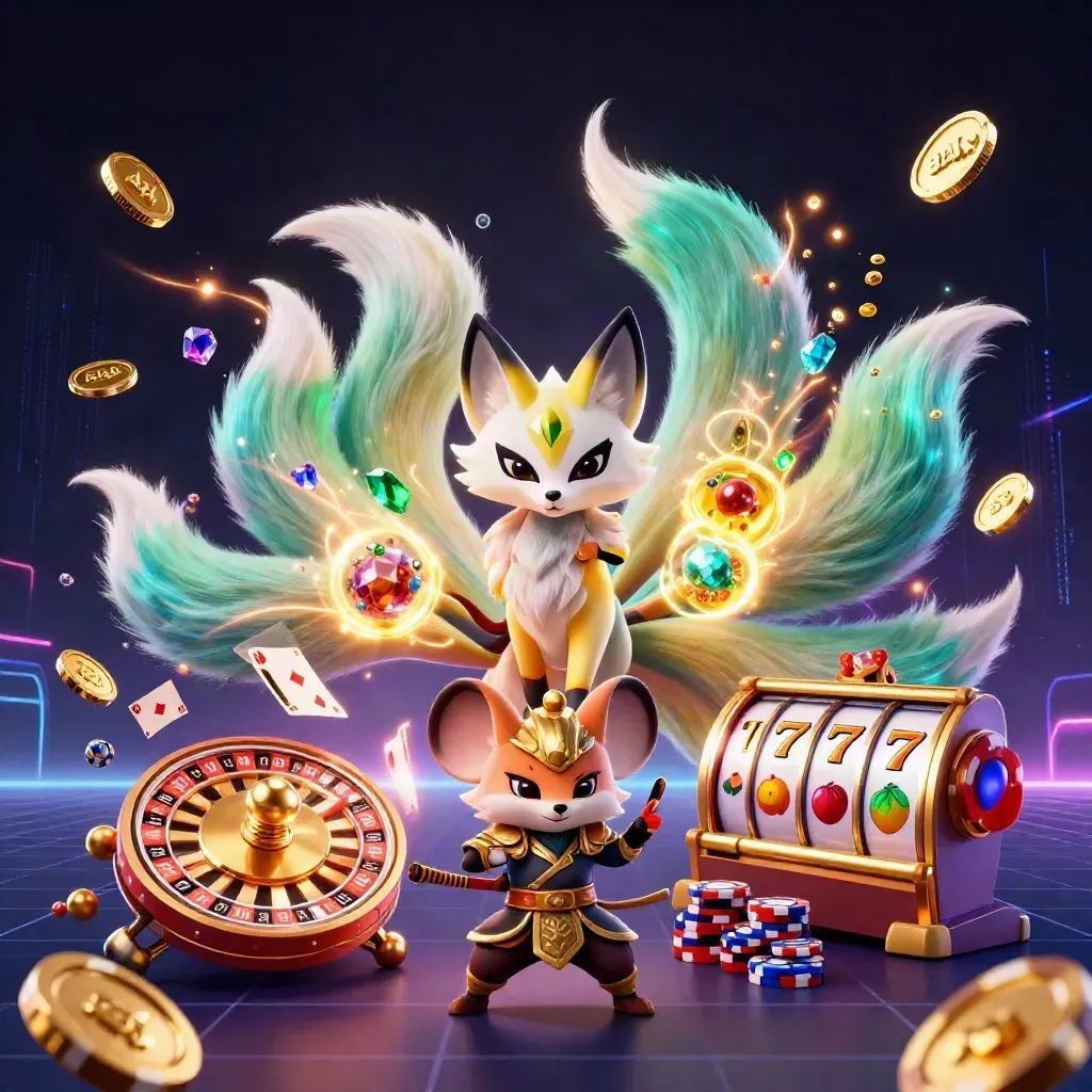 Nine-tailed fox spirit and samurai mouse amid casino coins, reels, cards, chips, and neon sparks.