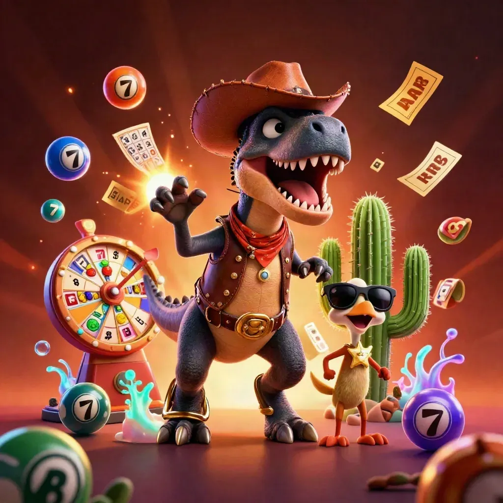 Cowboy T-Rex, cactus sidekick, and sheriff roadrunner amid casino reels and neon glow.