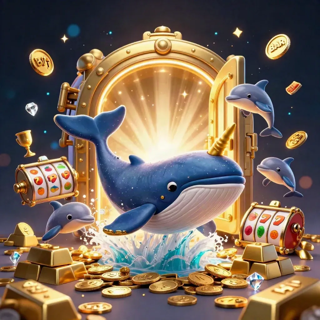 Whale captain, narwhal, and dolphins burst through gold coins with a glowing vault in casino key art