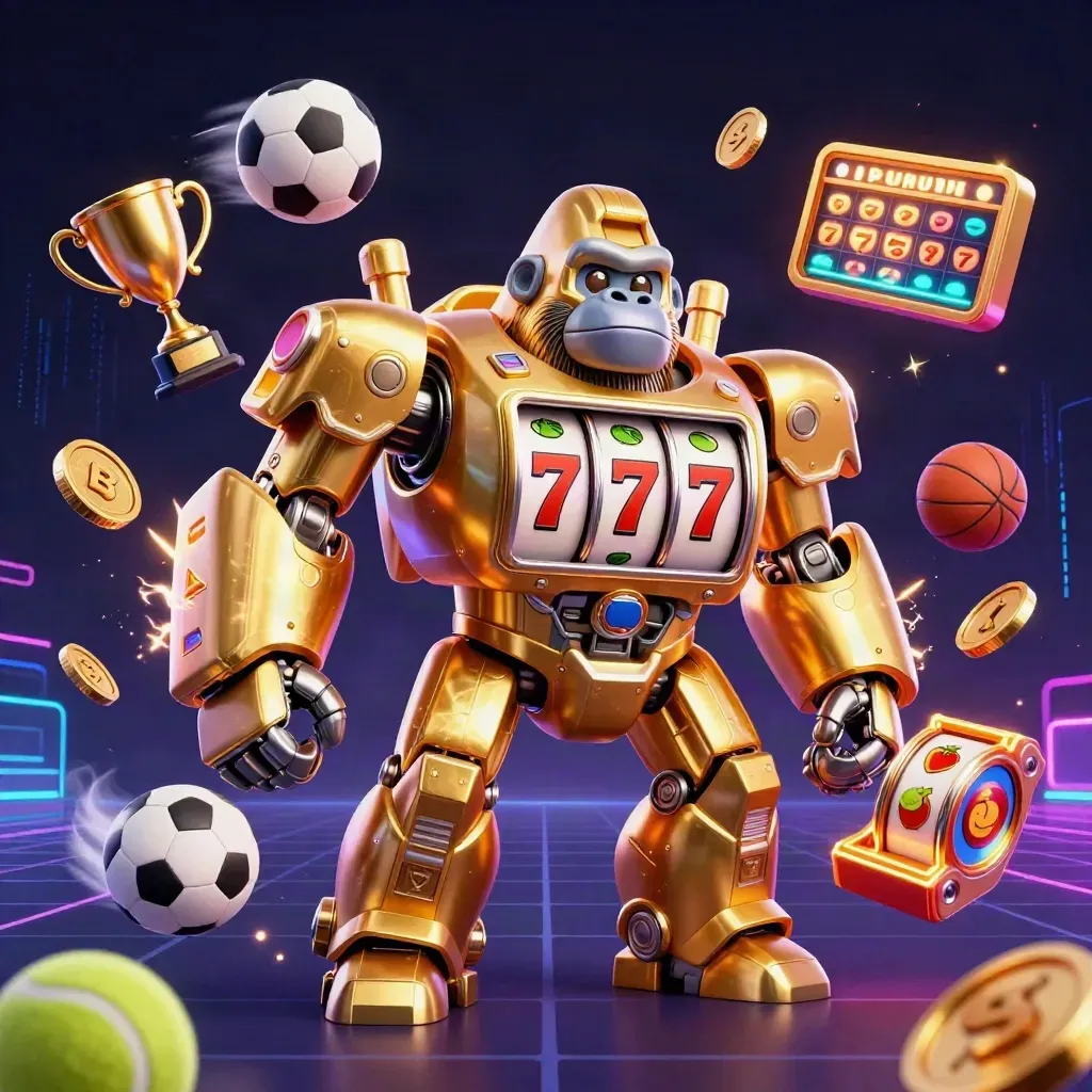 Golden gorilla slot mech with monkey pilot, flying sports balls, coins, trophy, neon casino effects.