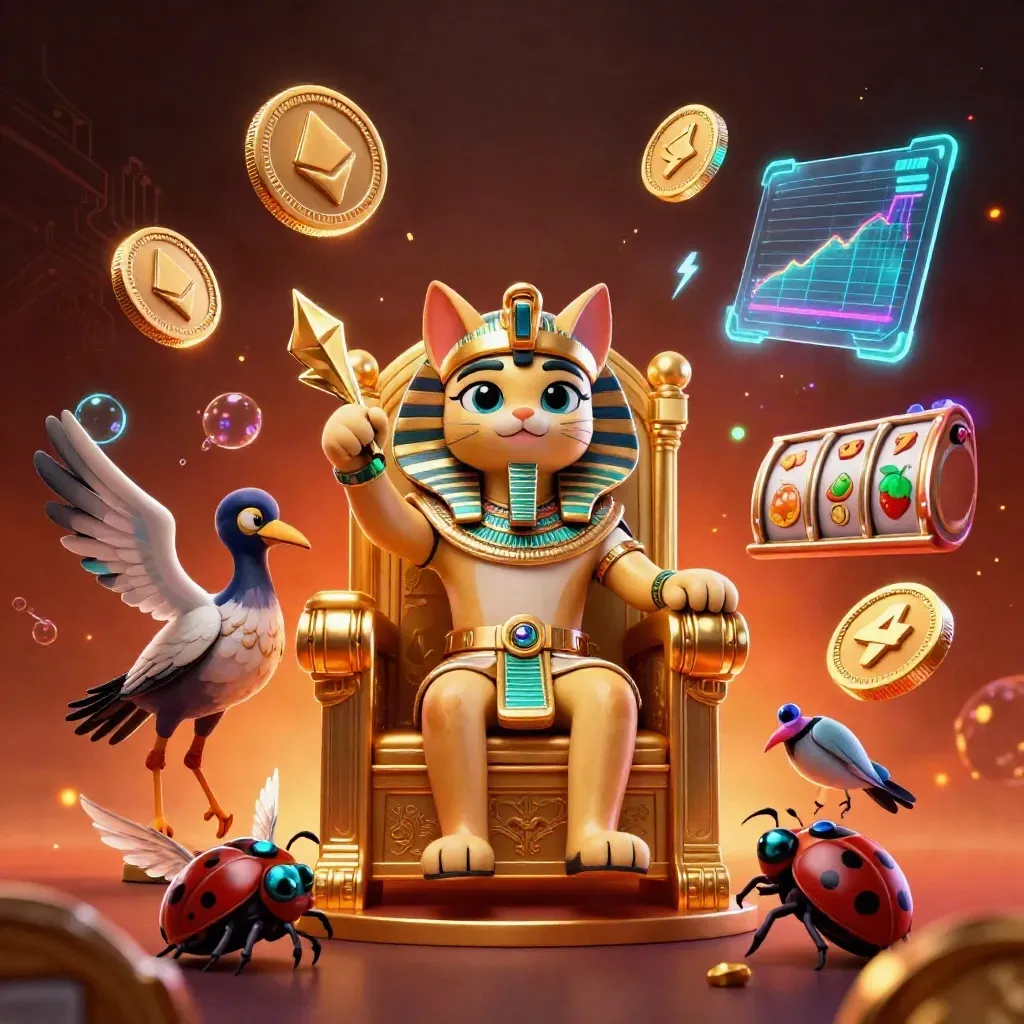 Pharaoh cat on throne with ibis scribe, scarab beetles, slot coins and neon casino effects.