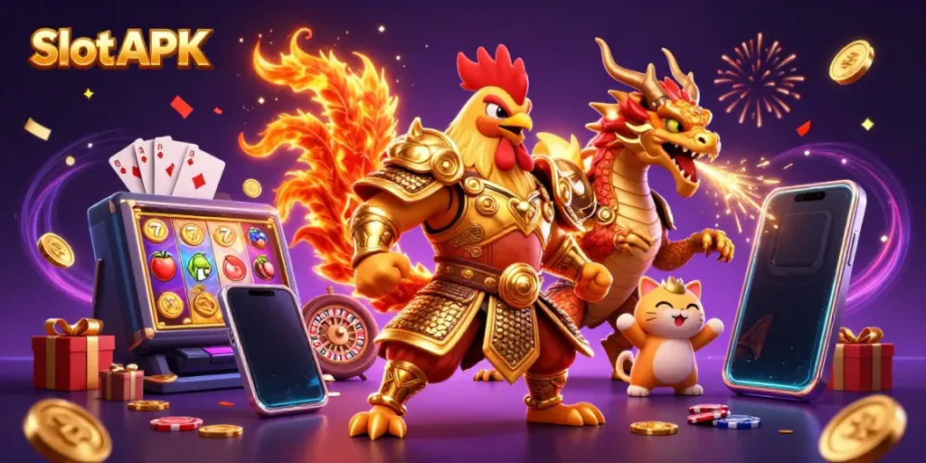 Engage with thrilling Slot APK games featuring cartoon warriors amid colorful slot machines and fortune elements.