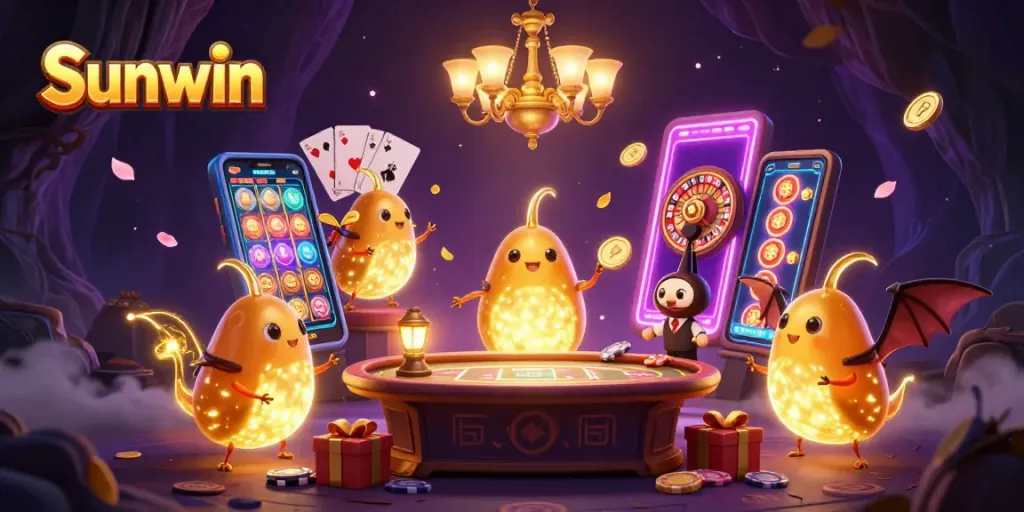 Experience the excitement of Sunwin with vivid bioluminescent characters and casino elements lighting up the scene.