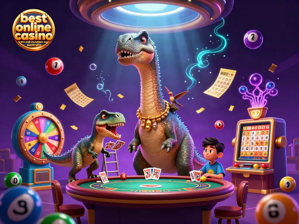 Enjoy vibrant fun at the best online casino real money Australia with a whimsical dinosaur dealer and lively game elements.