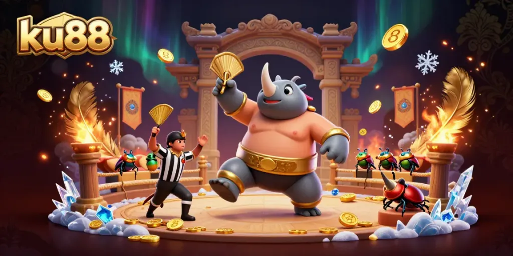 ku88 powers up a thrilling casino match with golden coins flying amidst beetle champions