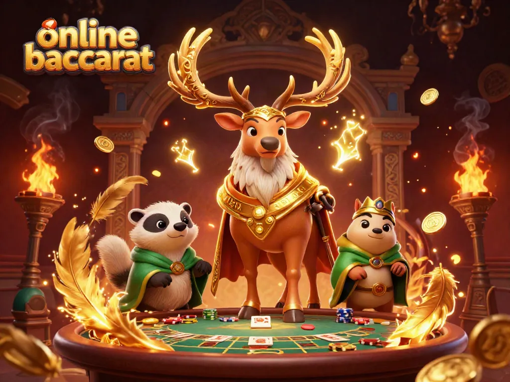 Engage in online baccarat as the druid stag and badger celebrate amidst gold coins and gaming excitement.