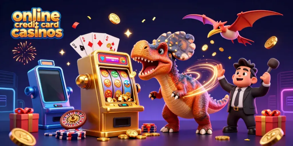 3D scene depicting online credit card casinos with a dinosaur and casino characters celebrating a jackpot.