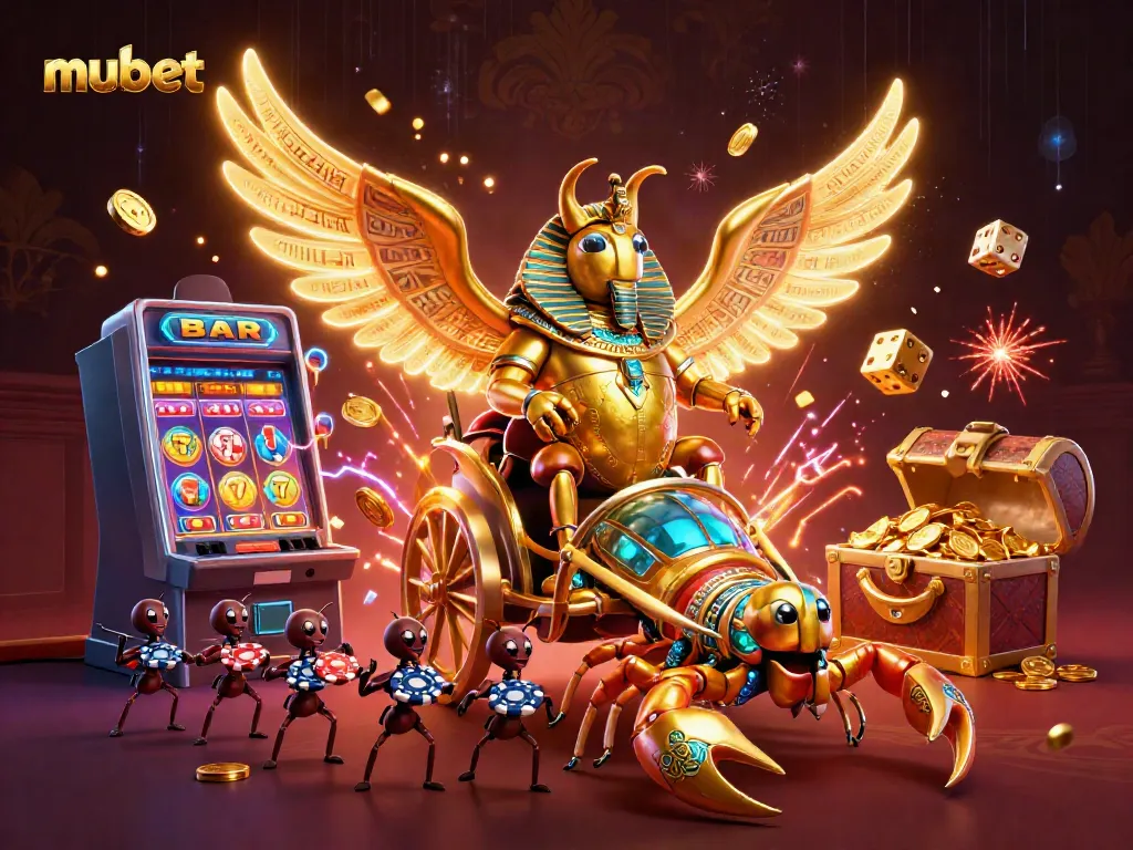 Join the action at mubet with a vibrant 3D casino scene featuring golden beetles and a jackpot surprise.