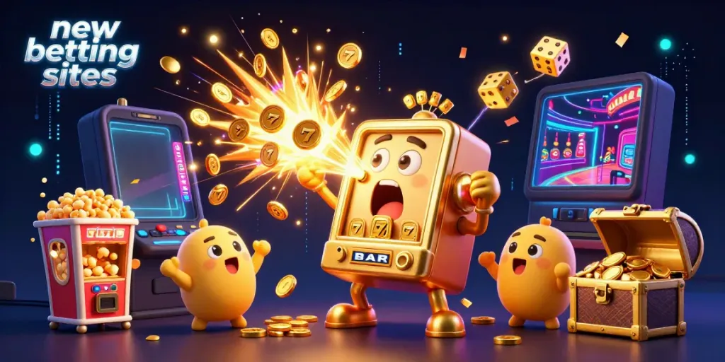 Exciting scene of new betting sites with a surprised golden slot machine celebrating a jackpot.