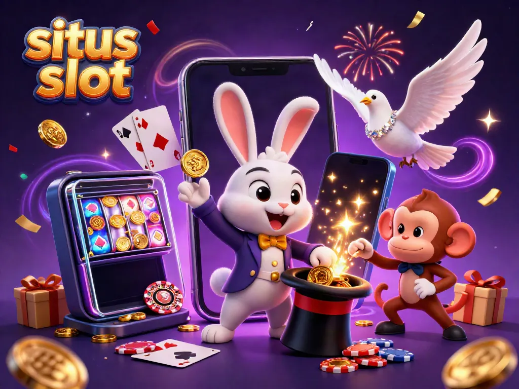 Engaging scene of situs slot with a magician rabbit, dove, and monkey amidst casino elements.