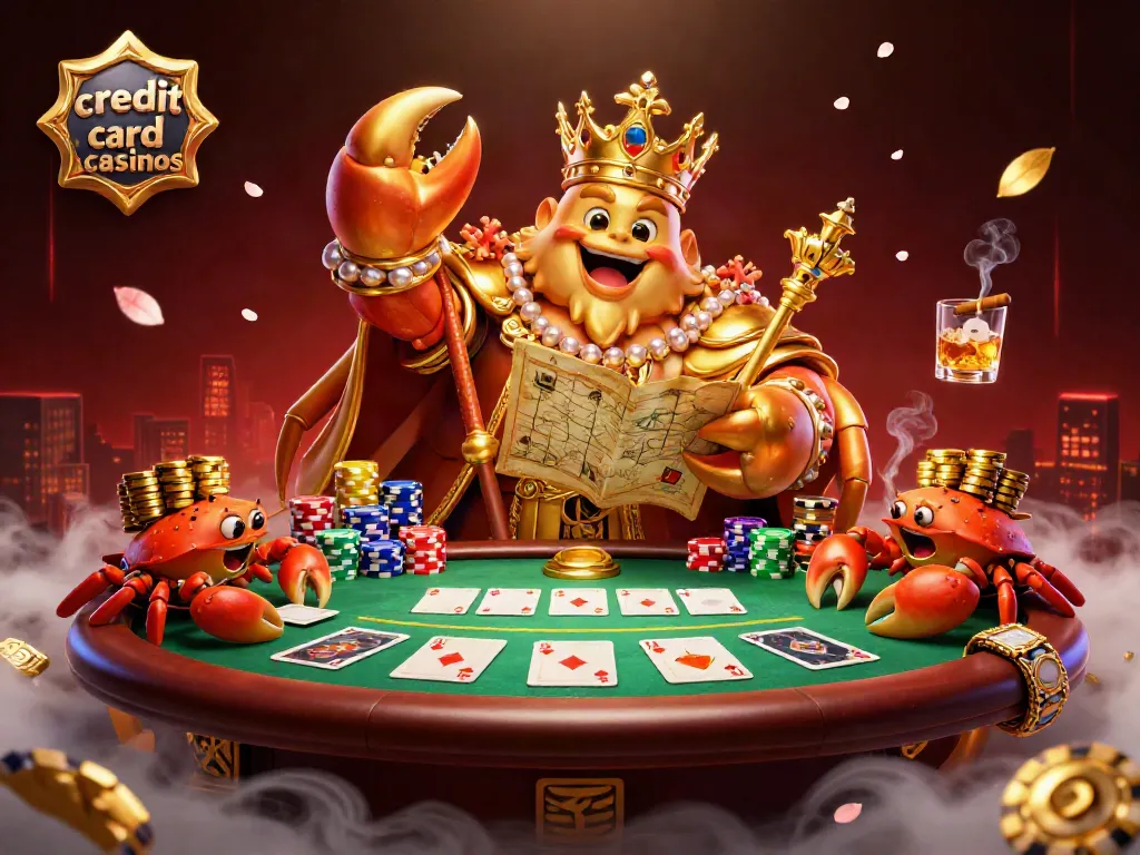 Experience the thrill of credit card casinos with a vibrant 3D illustration of a golden crab emperor and poker elements.