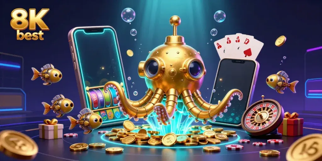 Engage with the thrilling 8K best gambling scene featuring a golden kraken submarine amidst a flurry of colorful gaming elements.