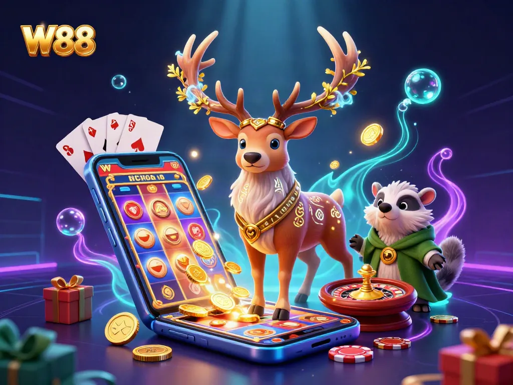 Spin reels and win big with W88 in this exciting 3D casino illustration.