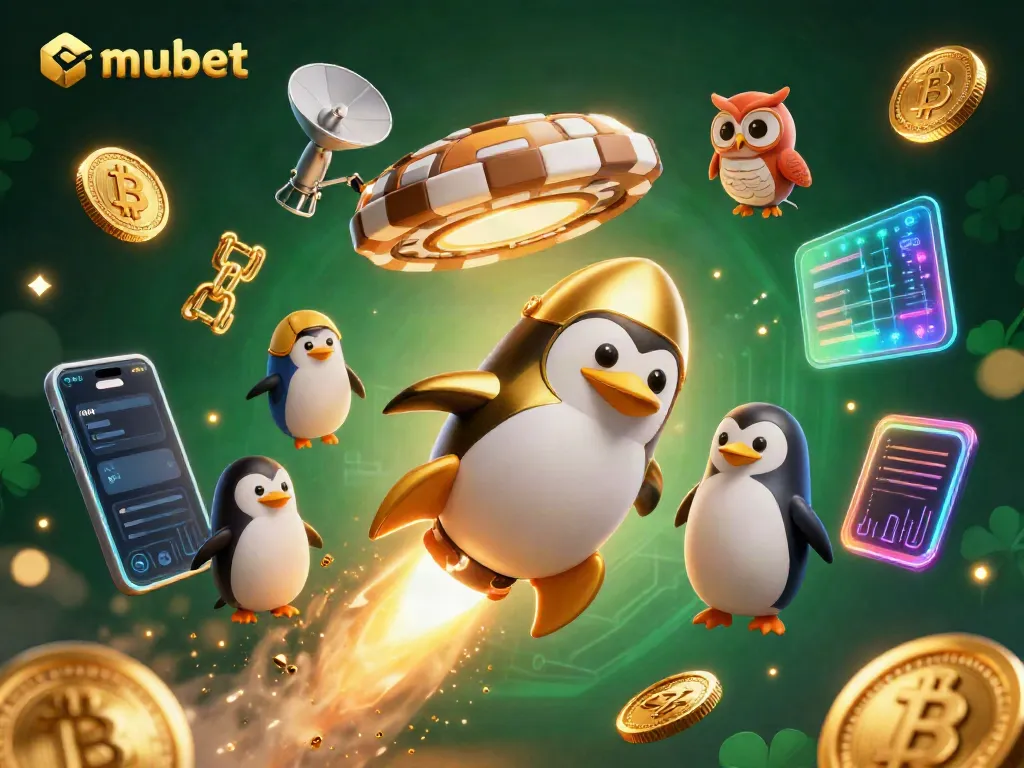 Experience the excitement of mubet with a golden rocket-powered penguin in a cosmic casino adventure.
