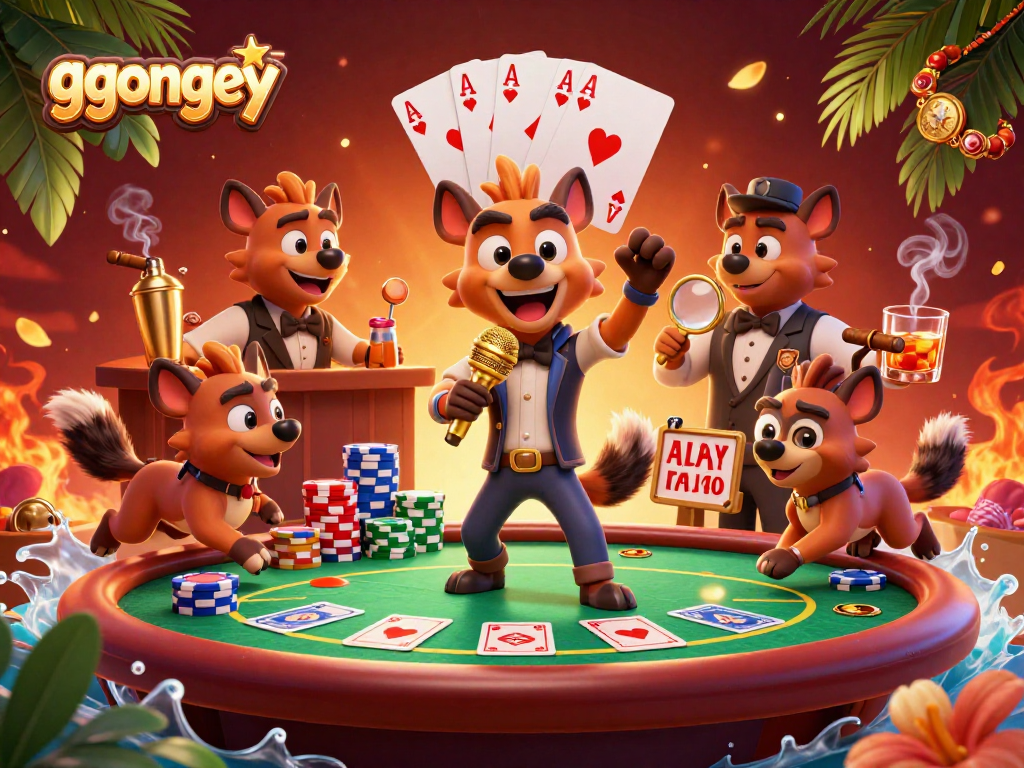 ggongey showcases a vibrant casino scene with hyenas in comedy act, poker chips and drinks.