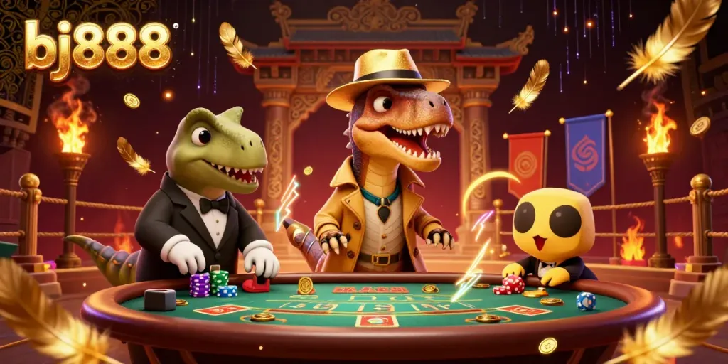 Engaging illustration of the bj888 gambling scene with a velociraptor card counter at a lively blackjack table, showcasing unique casino elements.