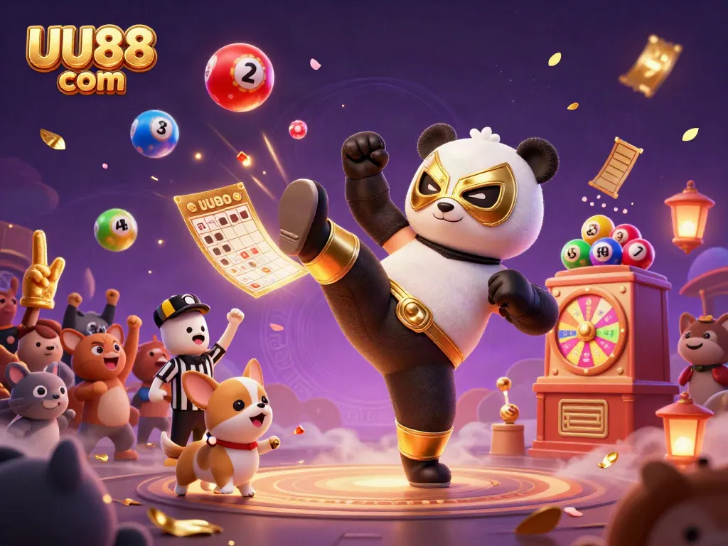 Engage in thrilling games at UU88 com with a panda wrestler and colorful lottery elements.