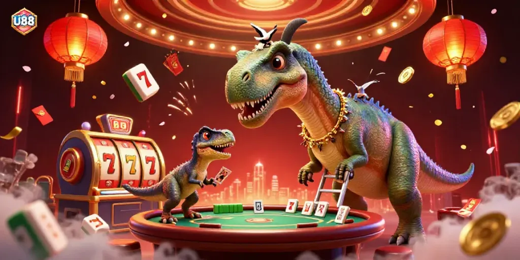 Experience U88 with an exciting scene showcasing a dinosaur dealer at the casino, amid vibrant gaming elements.