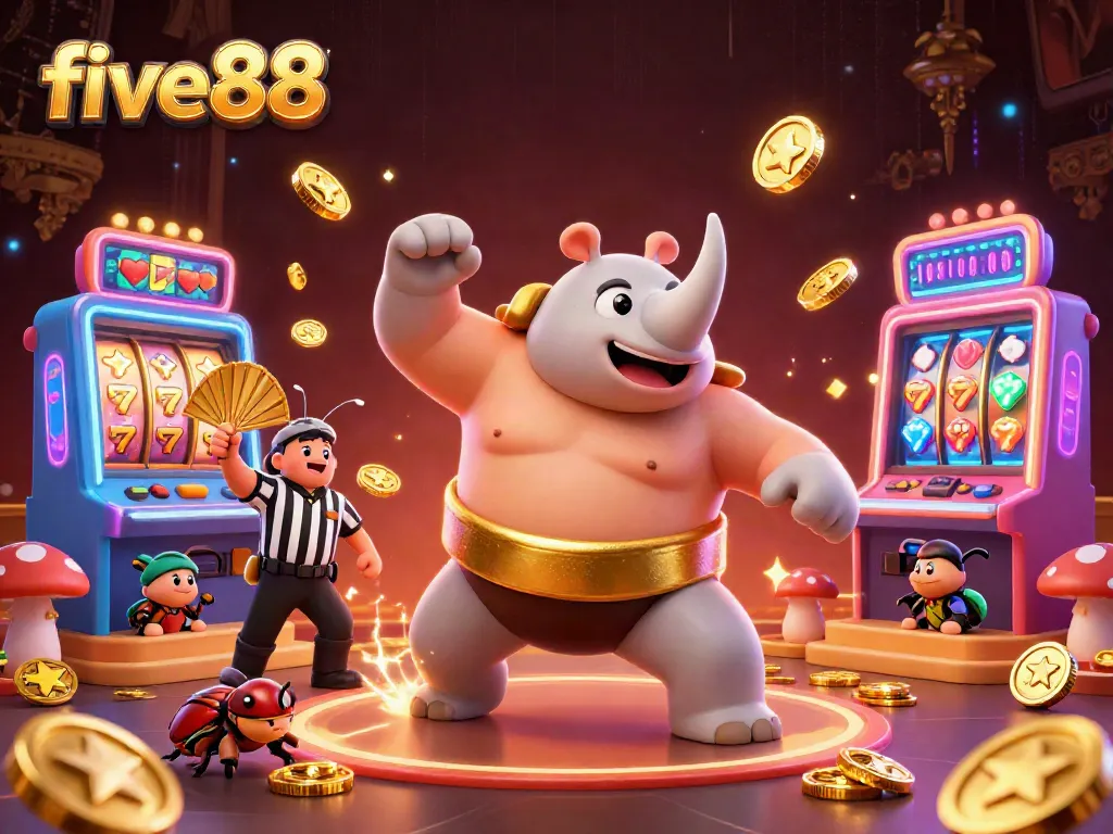 Engage with five88's 3D gaming universe featuring a rhinoceros beetle champion amidst slot machines and glittering coins.