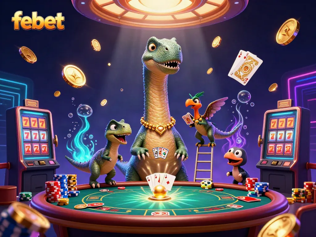 Experience a vibrant casino scene featuring a brontosaurus and a raptor dealer, promoting febet gaming excitement.
