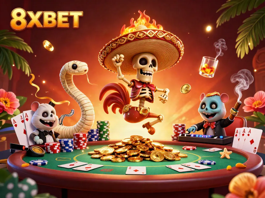 8XBET presents a vibrant casino scene featuring a victorious mariachi rooster, expressive mummy snake, and lively DJ hamster.
