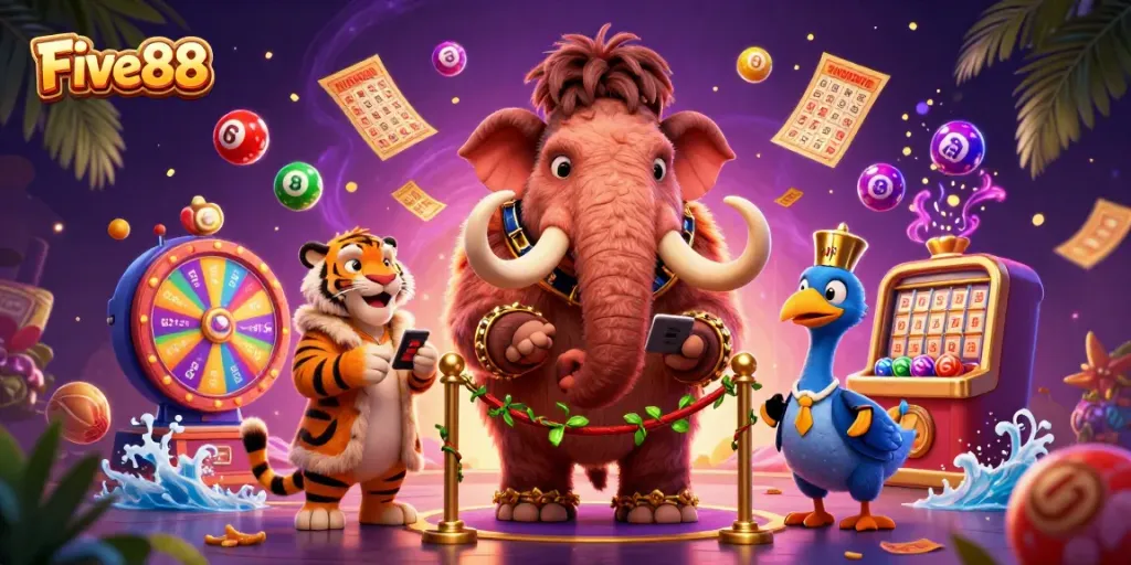 Engage in thrilling gaming at Five88 with lively characters showcasing vibrant casino elements.