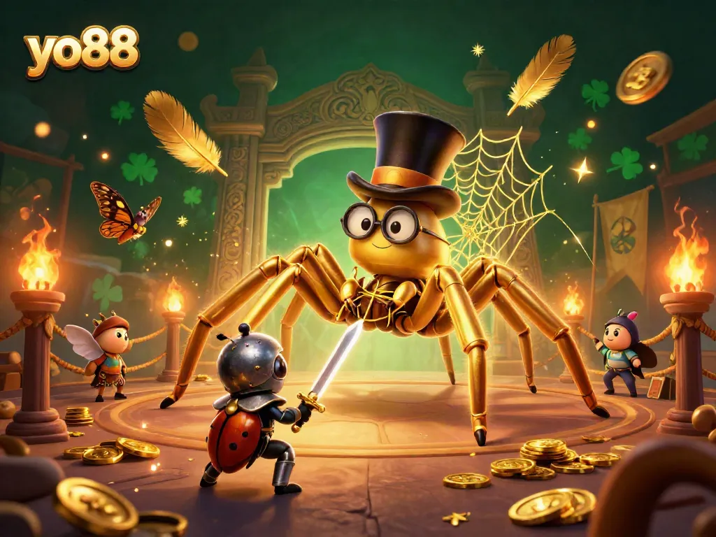 Experience dynamic gameplay at yo88 with a golden tarantula and knight in a thrilling casino scene.