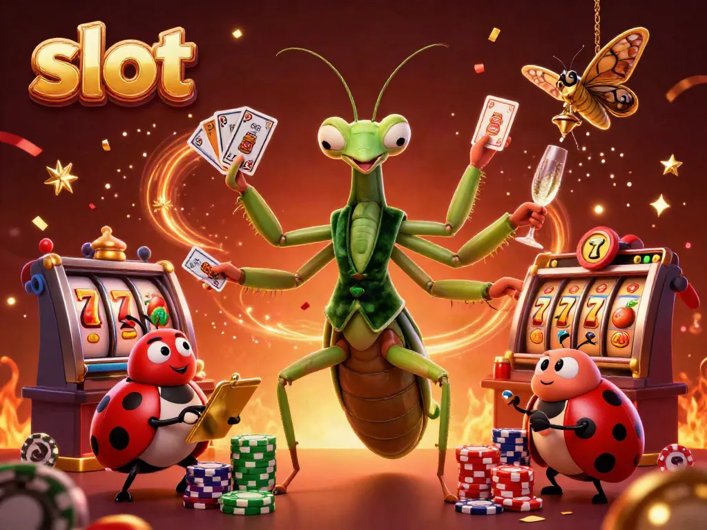 Experience thrilling slot action with a giant praying mantis dealer and ladybug pit boss.