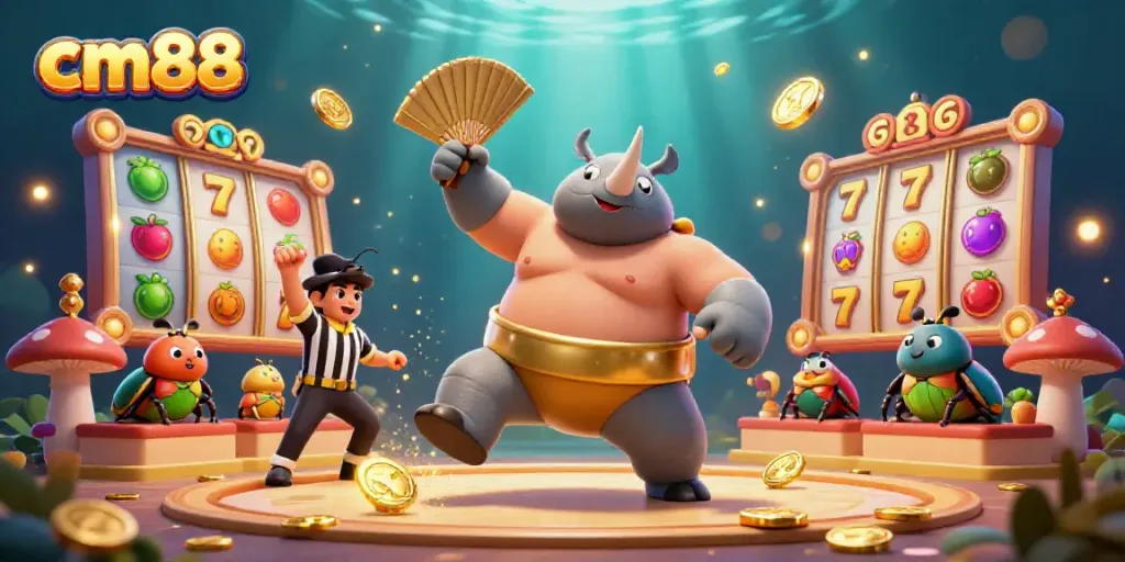 Experience thrilling slots at cm88 with a dynamic scene of beetle champions amidst casino elements.