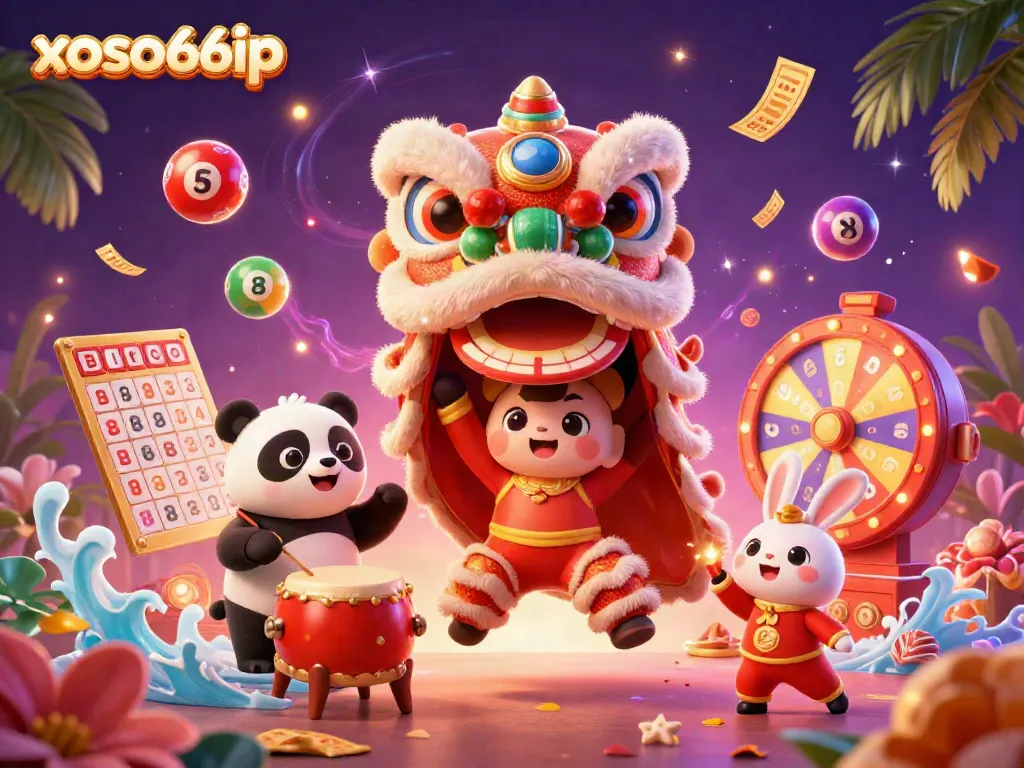 Engage in the thrilling world of xoso66ip with a vibrant 3D illustration of a lion dance, drumming panda, and colorful lottery elements.