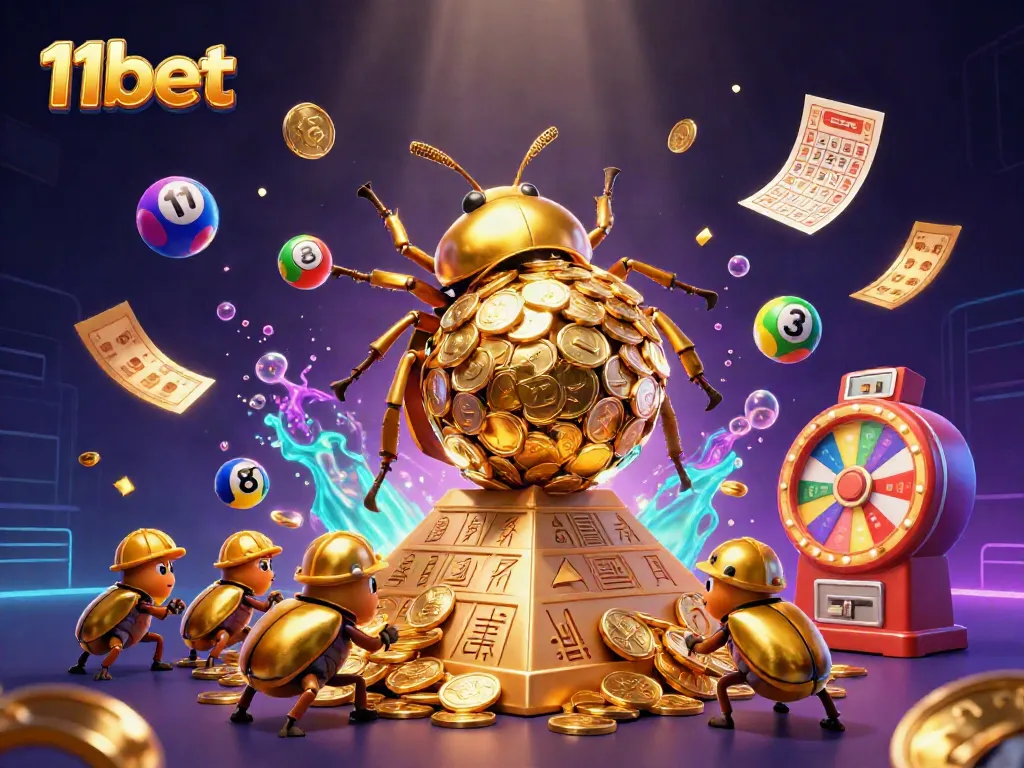 Experience exciting gameplay at 11bet with a dynamic scene of cartoon beetles rolling golden coins.