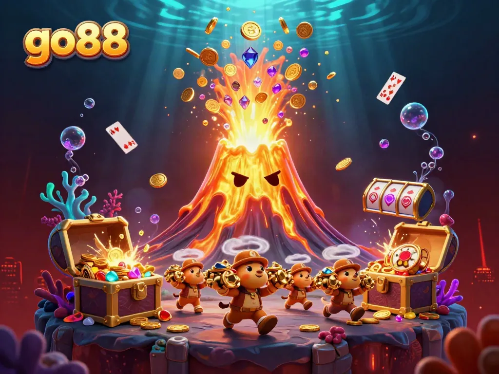 Experience exciting gaming action with go88, featuring dynamic scenes of treasure and vibrant casino elements.