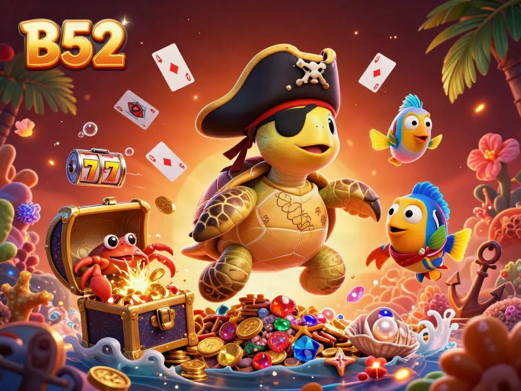 Engage with the B52 online casino scene showcasing a pirate turtle and friends amidst explosive treasures and gaming elements.