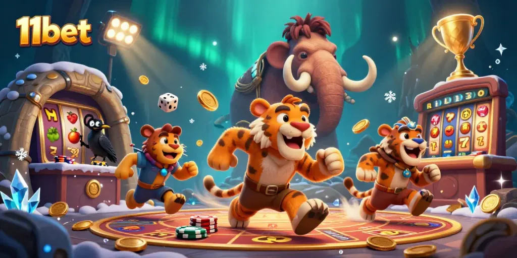 Engage in thrilling playful gaming with 11bet at a prehistoric casino adventure featuring caveman characters.